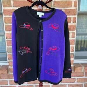 Whimsical purple and black Red Hat Society button-down cardigan. Size XL-1X